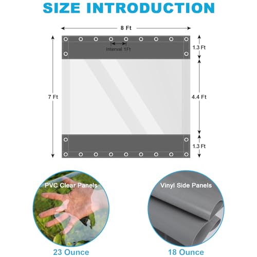 Clear Vinyl Curtains for Patio Enclosure, 23oz Heavy Duty Waterproof Anti-UV and Tear-Resistant Tarpaulin with Grommets, Weatherproof Panels for Porch, Pergola, Gazebo, Balcony, Outdoor - color: Gray, size: 7'H X 8'W