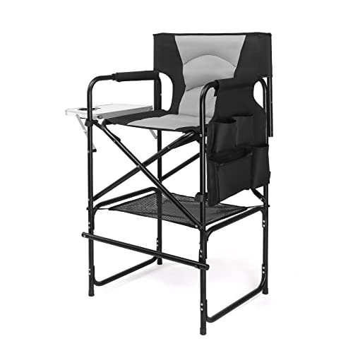 mefeir Extra Tall-30.7'' Professional Makeup Artist Director Chair Bar Height, Portable Folding Design with Side Table & Storage Bag, Heavy-Duty Steel Frame (300 lbs Capacity), 45.7'' Tall - color: Black/Gray, size: 31in