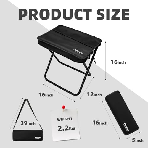 16" Extra Tall Portable Folding Stool for Adults, XL Collapsible Camping Stool with 3 Storage Pockets, Heavy Duty Compact Seat for Fishing, Hiking, Gardening - color: Black