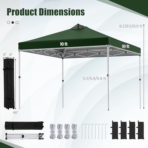Tangkula 10 x10 Ft Pop Up Canopy with Center Lock, UPF 50+ One-Button Setup Outdoor Canopy Tent with Roller Bag, 4 Sand Bags, Heavy-Duty Steel Frame, 8 Stakes, 4 Ropes for Camping, Picnic (Green) - color: Green