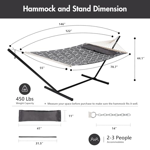 ANOW Double Hammock with Stand Included, 2 Person Hammock with Stand for Outside, 450 LBS Weight Capacity, Gray Cube - color: Gray Cube, size: 2 Person With Stand