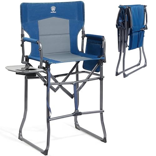 EVER ADVANCED Portable 30.7" Seat Height Tall Folding Camping Chair Directors Chair High Foldable Bar Stool with Side Table for Makeup Artist, Sports Event, Craft Show, Supports 350LBS - color: Blue Grey