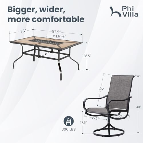 PHI VILLA 7 Piece Patio Dining Set, 6 Swivel Patio Chairs with Textilene Mesh Fabric & Rectangular Wooden-Like Dining Table(1.6"Umbrella Hole), All Weather Patio Chairs and Table Set for Deck (Brown) - color: Brown Fabric, size: 61"L x 38"W x 28"H-7 Piece