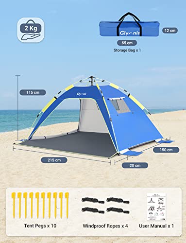 Glymnis Pop Up Beach Tent Sun Shade Shelter for 3-4 Person with UPF 50+, Lightweight & Easy Setup, Vent Windows & Zippered Door, Extended Floor Family Instant Beach Tent - color: Dark Blue