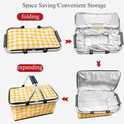 2 Packs Insulated Collapsible Picnic Basket with Picnic Mat 25L Large Capacity Leak-Proof Collapsible Cooler Bag for Outdoor Activities, Beach, Camping, Market Shopping,Travel