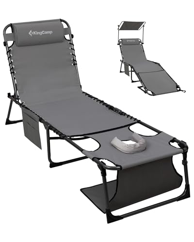 KingCamp Lounge Chair with face Hole & Canopy Shade, 400LBS Folding Portable Tanning Chair with face Hole, Adjustable 5-Position Foldable Beach Sun Tanning Chair for Outside Beach Patio Outdoor Pool - color: C*skyshade Canopy——grey Canopy, style: 400lbs&P