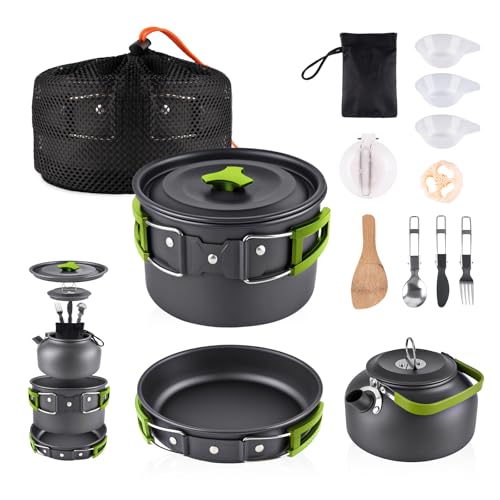 aiGear Camping Cooking Set Cookware Mess Kit with Storage Bag Pot Pan Set Camping Accessories for Outdoor Camping Hiking Picnic Portable and Lightweight Aluminum - color: Green12pcs