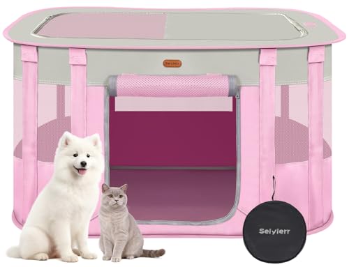 Seiyierr Foldable Pet Playpen - Cat & Puppy Playpen, Travel Dog Crate with Carrying Case, Cat Tent Dog Pen for Outdoor Camping Use - color: Pink, size: Small(29.5''×22.8''×16.5'')