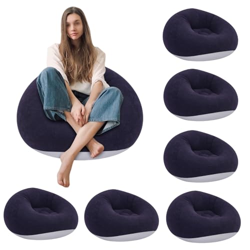 6 Pcs Bean Bag Chair with Air Pump, Portable Inflatable Couch Blow Up Lazy Sofa 330LBS Load Capacity, Folding Beanbag Air Sofa for Camping, Outdoor Movie Nights, Living Room (Deep Blue)