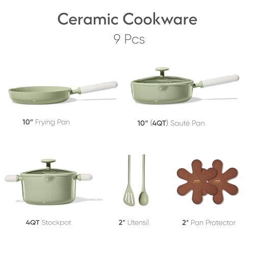 CAROTE Pots and Pans Set Nonstick, Ceramic Cookware Set, Green Cooking Set Kitchen Induction Set with Steamer, PFAS PTFE Free,9 Piece - color: Green, size: Stockpot