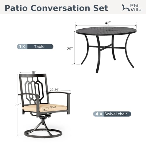 PHI VILLA 5 Pieces Outdoor Dining Set for 4, Round Metal Wrought Iron Table with Umbrella Hole & Swivel Metal Steel Chairs with Cushions, Large Modern Furniture for Patio, Deck, Backyard, Porch - color: Hexagon Back Swivel Chair, size: 5PCS-42" Round Tabl