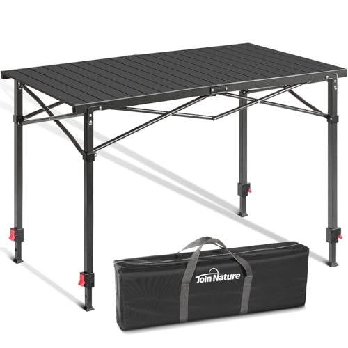 Join Nature Portable Outdoor Adjustable Height Camping Table, Large for 2-6 Person, Foldable Roll-up Aluminum Camp Table with Carry Bag for Picnic, Camp, Sturdy, Stable, Loads 220 Lbs (Black) - color: Black