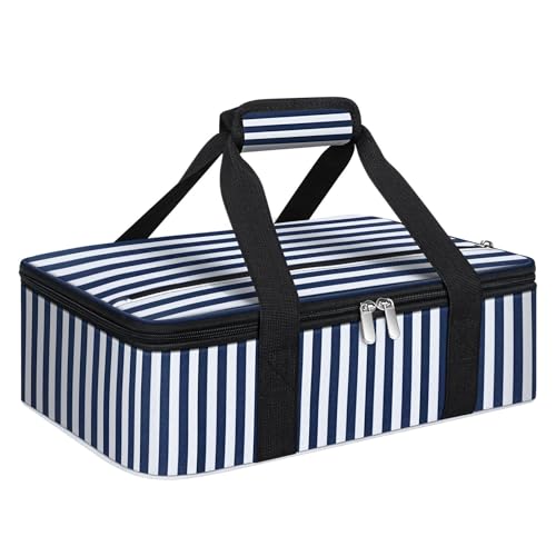 Insulated Casserole Carrier, Portable Casserole Carrier for Hot or Cold Food Lunch Tote Warmer or Cooler Bag, Lasagna Lunch Bag for Potluck Parties- Fits 9" x 13" Baking Dish-Blue Stripes - color: Blue Stripes, size: 16x10x4 in
