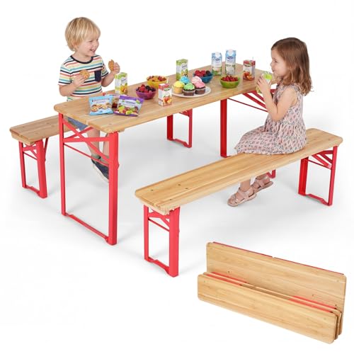 Costzon Kids Picnic Table, 43.5 Inch Folding Picnic Table with 2 Benches, Fir Wood Top & Metal Frame, No Assembly 3-Piece Portable Kids Indoor/Outdoor Furniture for Patio Backyard Daycare (Red) - color: Red