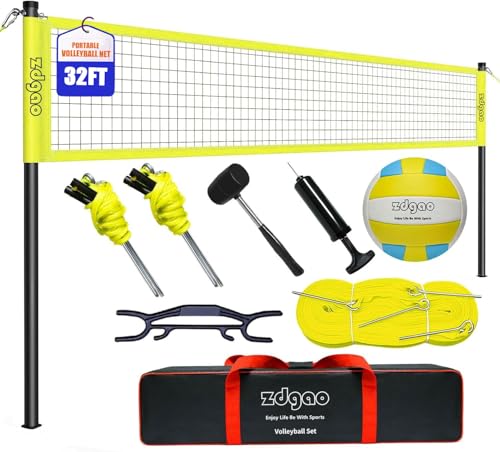Volleyball Net Outdoor - Portable Volleyball Set for Backyard with Professional Volleyball Net, Wrap Yarn Volleyball and Pump, Boundary Line, Carry Bag - style: Plus-32FT(Yellow)
