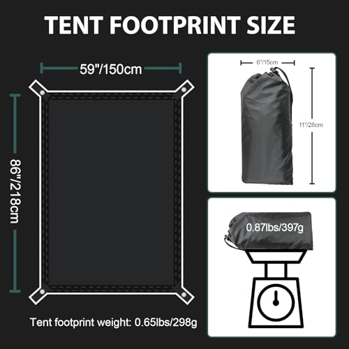 KRUI Tent Footprint, PU 2000 Waterproof Camping Tarp, Durable Tent Floor Saver for Hiking, Backpacking, Hammock, Beach and Picnic - size: 2 Person - 86“ x 59”