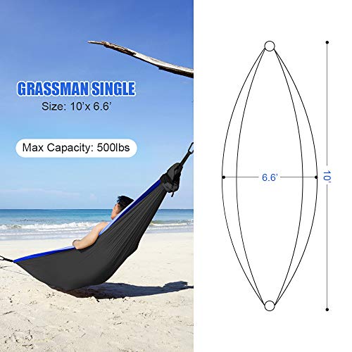 Grassman Camping Hammock Double & Single Portable Hammock with Tree Straps, Lightweight Nylon Parachute Hammocks Camping Accessories Gear for Indoor Outdoor Backpacking, Travel, Hiking, Beach - color: Black & Sapphire, size: Two Person