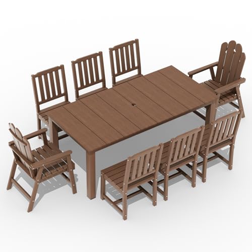 9-Piece Patio Dining Set, Outdoor Dining Set for 8, HDPE All-Weather Outdoor Furniture with 75.20” Umbrella Hole Table, 2 Armchairs & 6 Armless Chairs, Brown - color: Brown, size: 2 Armchairs & 6 Armless Chairs