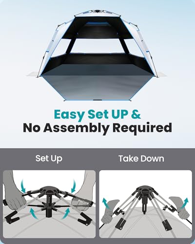 OutdoorMaster Beach Tent with Blackout Shelter Technology, Portable Sun Shade Shelter 4 Person, Pop Up Beach Tents with UPF 50+ UV Protection, 9.5mm Thick Pole, 3 Ventilating Mesh Windows - color: Ocracoke Coast