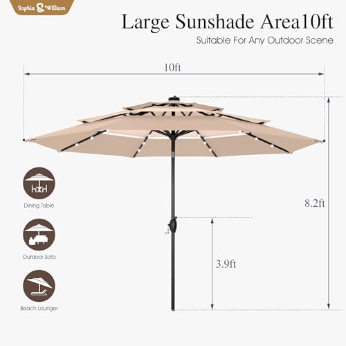 Sophia & William 10ft Patio Umbrellas 3-Tier Umbrella Outdoor Patio Umbrellas with Lights Vented Top 24 LED lights Adjustable Tilt for Pool Garden Backyard, Mixed Beige - color: Mixed Beige