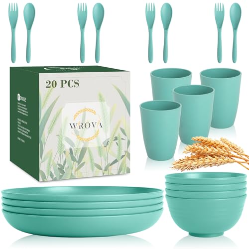Wrova Wheat Straw Dinnerware Sets of 20,Dishwasher Safe Kitchen Plates and Bowls Sets,Camping Dishes Sets Contains Dinner Plates,Cereal Bowls,Drinking Cups and Flatware.(Green) - color: Green, size: 20 Pack