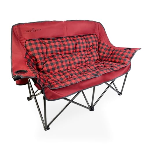 Black Sierra Double Loveseat Comfort Camping Couch, Oversized Folding Chair for Adults, 600‑lb Capacity, Plush Padded Heavy Duty Outdoor Seat with Cup Holders & Carry Bag for Beach, RV - color: Red
