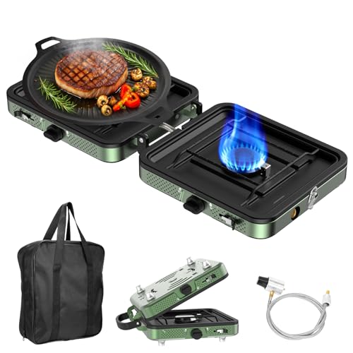 Portable Camping stove, 2 Burner Foldable Camping Stove with Griddle and Carrying Bag & Hose, 8600BTU Portable Propane Camp Stove with Ignition & 2 Adjustable Burners,for Camping Tailgating BBQ Grill - color: Green