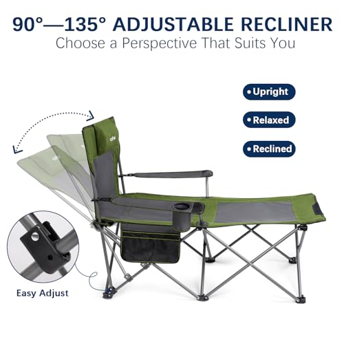 apollo walker Reclining Beach Chair, Adjustable 90-135° Backrest Camping Lounge Chairs for Adults, Folding Chair with Foot Rest & Detachable Pillow - Standard 6-Leg, Green - color: Green, style: 6-Leg