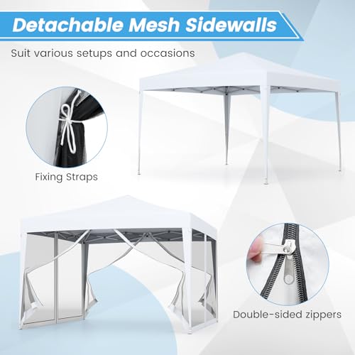 Tangkula 10x10 Ft Pop Up Canopy with Netting, Easy Up Outdoor Tent with Mesh Sidewalls, Carrying Bag, Adjustable Height, Portable Canopy Tent for Parties Events Camping Travel - color: White