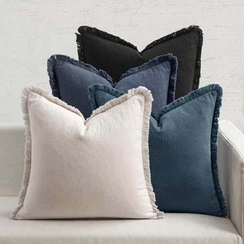 MIULEE Decorative Couch Pillow Covers Neutral Linen Fringe Throw Pillows Set of 4 Boho Farmhouse Cushion Modern Pillowcases for Bed Sofa Living Room Spring Home Decor 18x18 Inch Beige/Coastal Blue - color: Coastal Blue, size: 18" x 18" (Pack of 4)