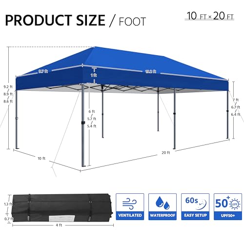 Yaheetech 10×20 Pop Up Canopy Easy Set-up Tent, Portable Outdoor Canopy Instant Tent, Commercial Gazebo with Wheeled Carry Bag & 6 Sandbags for Home, Party & Outdoor Activities, Blue - color: Blue, size: 10×20