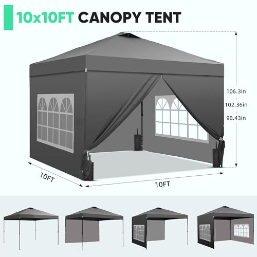 GDY 10x10 Pop Up Canopy Tent with 4 Sidewalls, Easy Set up with One Push Lift Outdoor Silver Coated Beach Gazebos, Carpas with 4 Sandbags, for Events, Parties,Camping, Gray. - color: Gray, size: 10x10 with 4 Sidewall