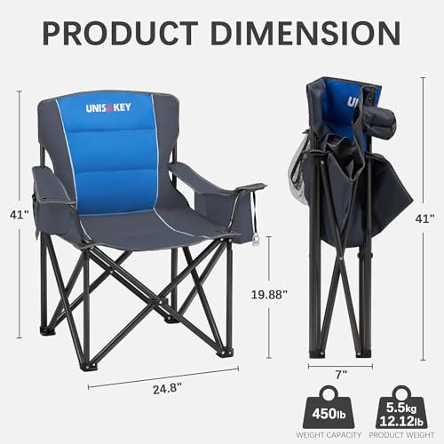 Unisakey Oversized Folding Camping Chair for Adults - 450lbs Support - Heavy Duty Portable Lawn Chairs with Side Pocket Cup Holder Cooler Bag for Sports Garden Beach Fishing, Blue - color: Blue