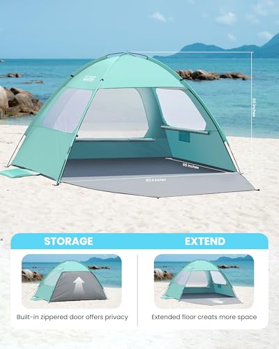 OutdoorMaster Beach Tent for 3/4/6/8 Person - Easy Setup Sun Shade Shelter, Portable Beach Shade Sun Canopy with UPF 50+ UV Protection, Removable Skylight Family Size - color: Green, size: 4 Person