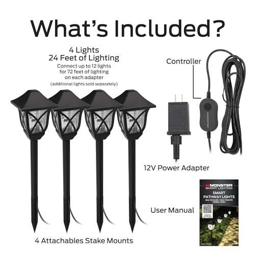 Monster Smart RGB+IC+WW Pathway Lights with 4 Dimmable LED Lights - Sound Reactive Garden Light, Weatherproof IP44 Outdoor Lighting - Compatible with Alexa, Google Assistant, Siri, Monster App