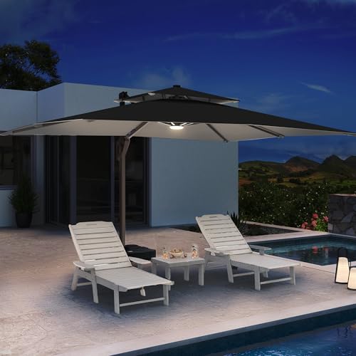 10 X 13 FT Cantilever Patio Umbrella with Led Lights and Base Included Outdoor Heavy Duty Double Top Rectangle Offset Umbrellas with 360-degree Rotation for Pool Deck Backyard, Black - color: Black, size: 10' X13'-Weighted Base Included