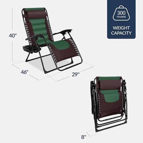 Best Choice Products Oversized Padded Zero Gravity Chair, Folding Outdoor Patio Recliner, XL Anti Gravity Lounger for Backyard w/Headrest, Cup Holder, Side Tray, Polyester Mesh - Espresso/Green - color: Espresso/Green