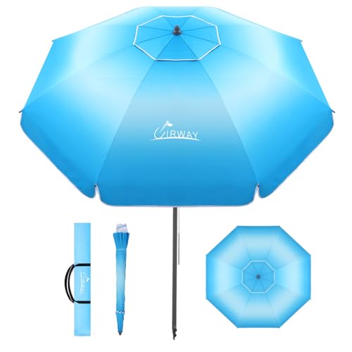UIRWAY Beach Umbrella, Heavy Duty Windproof Beach Umbrellas with Sand Anchor & Tilt, Sun Protection Portable Beach Umbrella with Carrying Bag for Beach, Patio Garden Pool Outdoor - color: Sky Blue Fade, size: 8.5FT