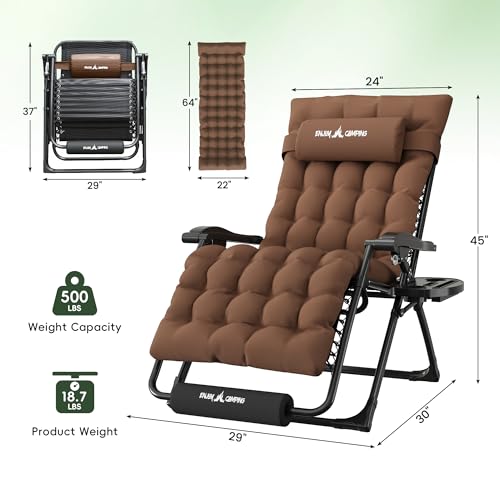 Amopatio Oversized Padded Zero Gravity Chair, XL 29In Reclining Camping Lounge Chair w/Removable Cushion&Headrest, Upgraded Lock and Footrest, Folding Patio Recliner for Indoor Outdoor, Brown - color: Brown XL, size: 29in