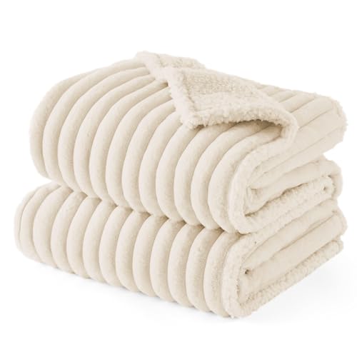 Bedsure ComfyFleece™ Waterproof Dog Blankets for Medium Dogs - Soft Puppy Cat Blanket Corduroy Fleece Washable, Cozy Calming Reversible Furniture Protection for Pet Kitten Doggy,30"x40", Cream - color: Cream, size: M(30x40")-1pc