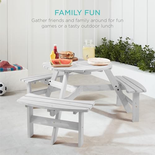 Best Choice Products 6-Person Circular Outdoor Wooden Picnic Table for Patio, Backyard, Garden, DIY w/ 3 Built-in Benches, 500lb Capacity - White - color: White