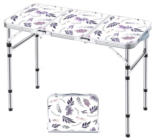 Yriuat Folding Camping Table 3ft Portable Pinic Table Adjustable Height Small Card Table Aluminum Foldable Lightweight with Carry Handle for Outdoor Indoor Hiking Camp BBQ Beach (Misty Lilac) - color: Misty Lilac, size: 35"l X 16"w X 27"h