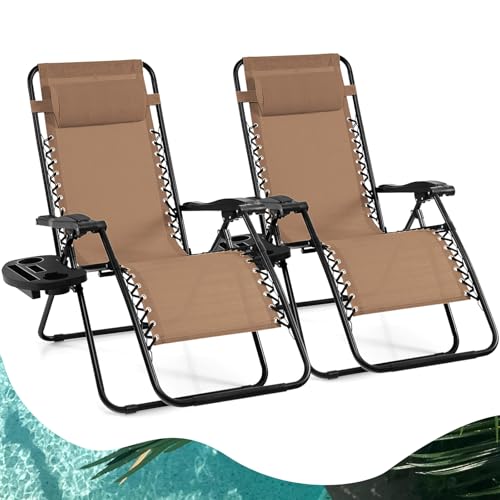 Goplus Zero Gravity Lounge Chairs, 160°Adjustable Folding Recliner w/Pillow and Cup Holder, 350LBS Comfy Outdoor Lounge Chairs for Patio, Lawn, Yard & Camp(Set of 2, Beige) - color: Beige, size: 35.4" x 25.2" x 43.3" (Set of 2)