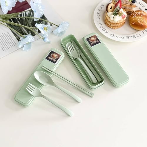 Wheat Straw Cutlery Set – Reusable Travel Utensils with Case – Portable Fork, Spoon & Chopsticks – Eco-Friendly Flatware for Kids & Adults – Lightweight Lunch Box Accessories for Work (green)