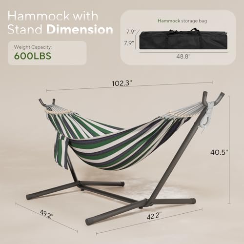 600lbs Hammock with Stand for Outside, 2 Person Portable Hammock with Side Storage, Carrying Bag, Expend Wooden Bar for Outdoor or Indoor (Green Black) - color: Green Black