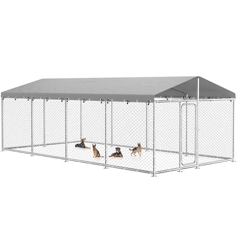 20x10 FT Extra Large & Heavy Duty Dog Kennel Run - Outdoor Metal Enclosure with Lockable Door and Waterproof Cover for Big Dogs - size: 240x120in