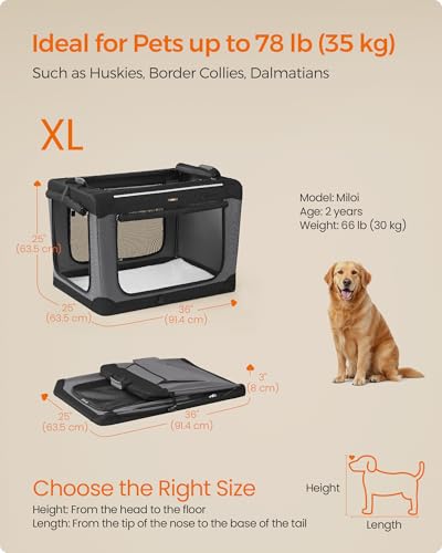 Feandrea Collapsible Dog Crate, 36-Inch Portable Dog Travel Crate for Large Dogs, Oxford Fabric Pet Carrier with 4 Mesh Doors, Handles, Storage Pocket, Water Bottle Holder, Ink Black UPDC019B01 - size: XL（36"L x 25"W x 25"H)