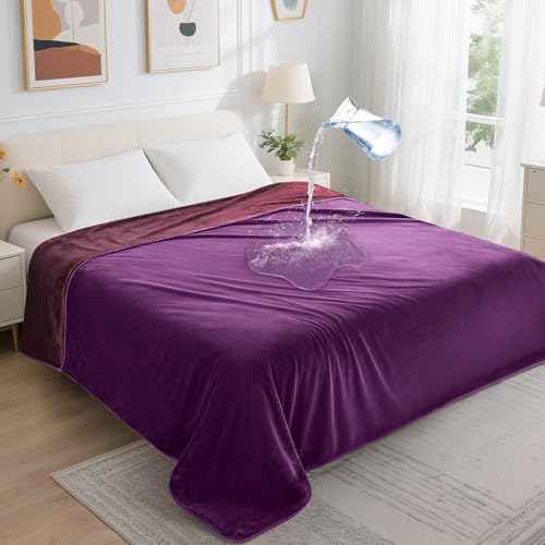 LOOBANI Waterproof Blanket for Bed: Reversible Soft Flannel Twin Bed Blanket 60" x 80", Leakproof Throw Spill-Proof Dog Pet Blanket for Couch, Sofa Protect, Movie Time, Camping, Travel, Purple - color: Purple, size: 60" x 80"