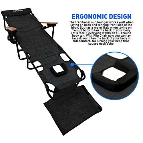 EASYGO PRODUCTS FLIP Face Down Tanning Chaise Lounge Chair with Face & Arm Holes - 4 Legs Support - Textilene Material - 6 Position - Arm Head Rest Pillow - Beach or Home Use - color: Flip Black