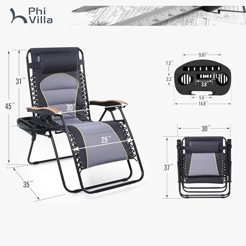 PHI VILLA XXL Oversized Padded Zero Gravity Chair Set of 2, Foldable Patio Recliner, 30" Wide Seat Anti Gravity Lounger with Armrest and Cup Holder, Support 400 LBS (Grey Accents) - color: Gray Accents, style: 2 Pcs